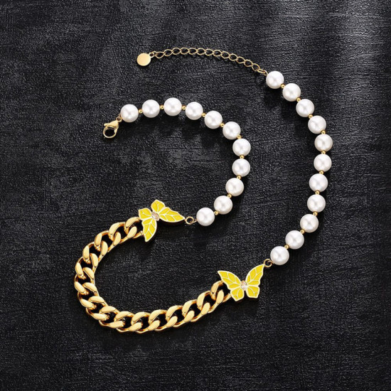 Chic 8mm Pearl Cuban Necklace with Double Butterfly