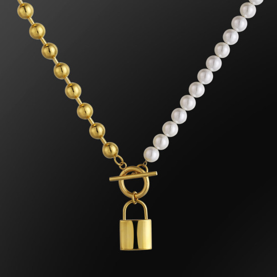 Fashion Women Pearl Necklace +Bead Chain with Lock Pendant