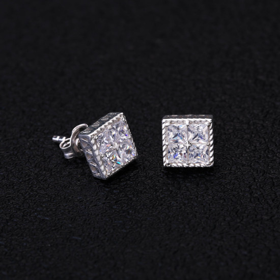 Sterling Silver Princess Mens Cut Diamond Stud Earrings