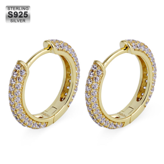 Hip Hop 15mm Sterling Silver Diamond Round Hoop Mens Earrings