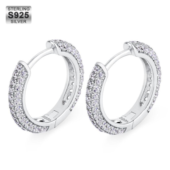 Hip Hop 15mm Sterling Silver Diamond Round Hoop Mens Earrings