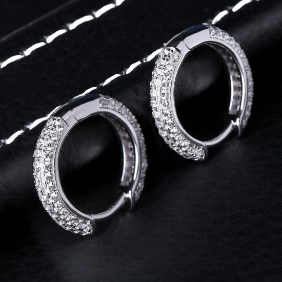 Hip Hop 15mm Sterling Silver Diamond Round Hoop Mens Earrings