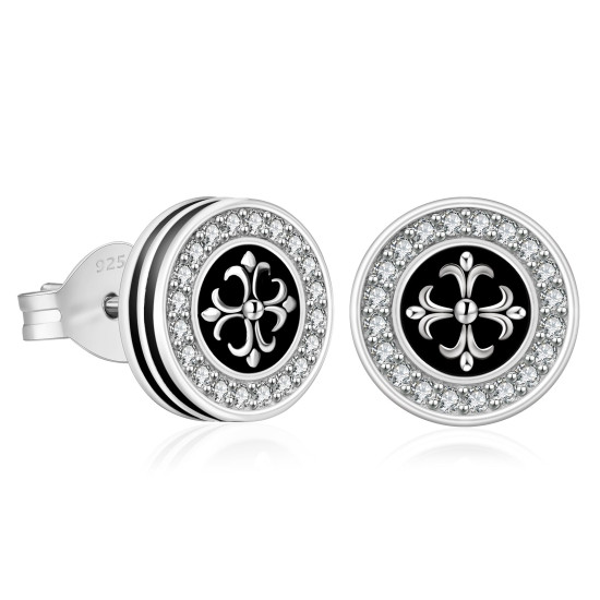 Simple 9mm Cross Fleur de lis Iced Diamond CZ Stud Earrings 