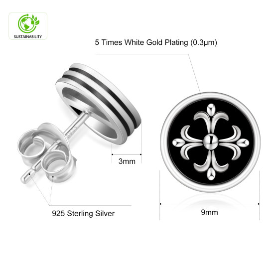 9mm Cross Fleur de lis Black Round Stud Earrings