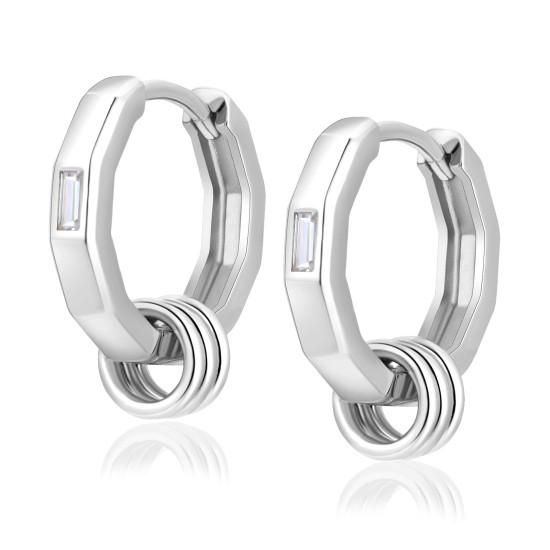 15mm  Mens Hoop Polygon Earrings with Detachable Rings 925 Sterling Silver