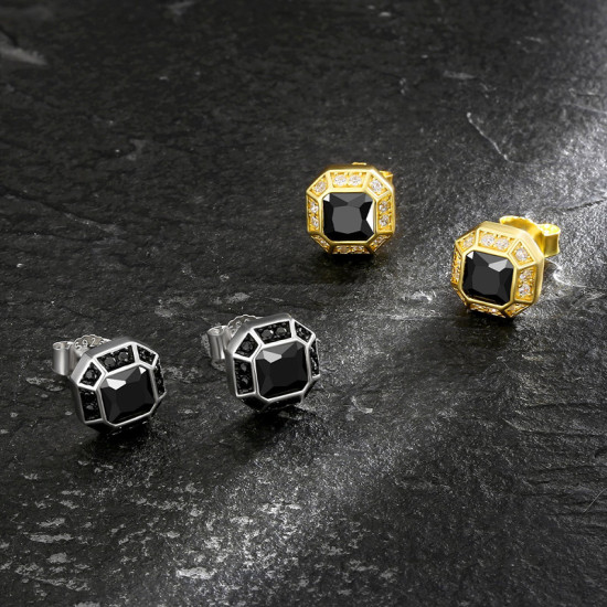 Fashion Octagon Black Mens CZ Iced Stud Earrings