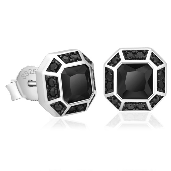 Fashion Octagon Black Mens CZ Iced Stud Earrings