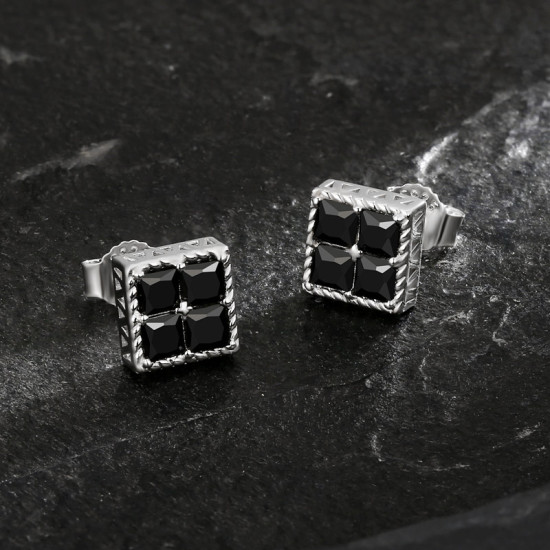 Square Sterling Silver CZ Iced Stud Earrings for Men