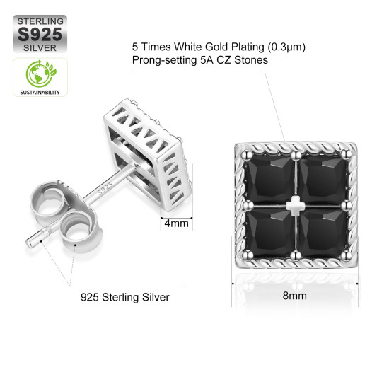 Square Sterling Silver CZ Iced Stud Earrings for Men