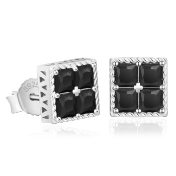 Square Sterling Silver CZ Iced Stud Earrings for Men