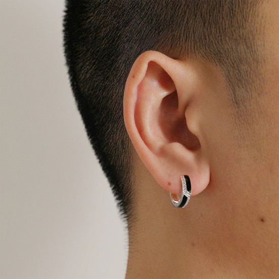 Simple 15mm Iced Black Hoop Sterling Silver Earrings for Men