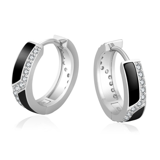 Simple 15mm Iced Black Hoop Sterling Silver Earrings for Men